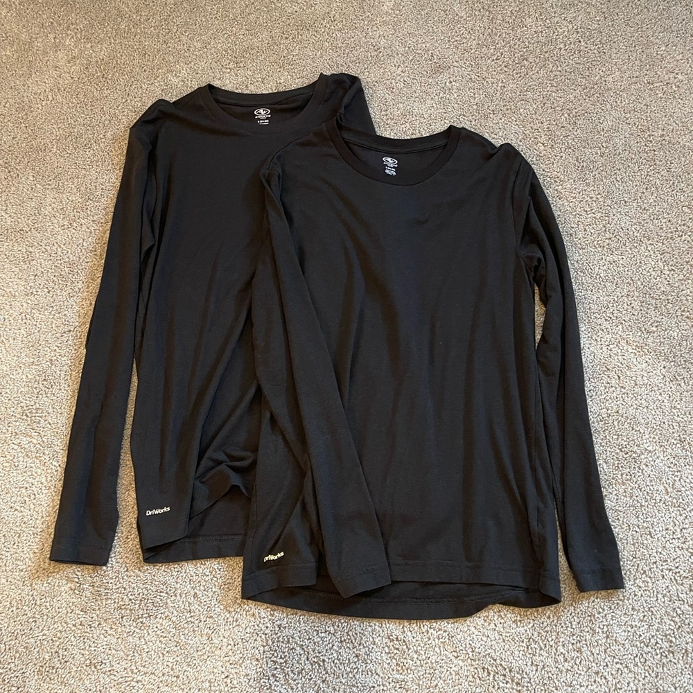 Pair of long sleeved, black tee shirts